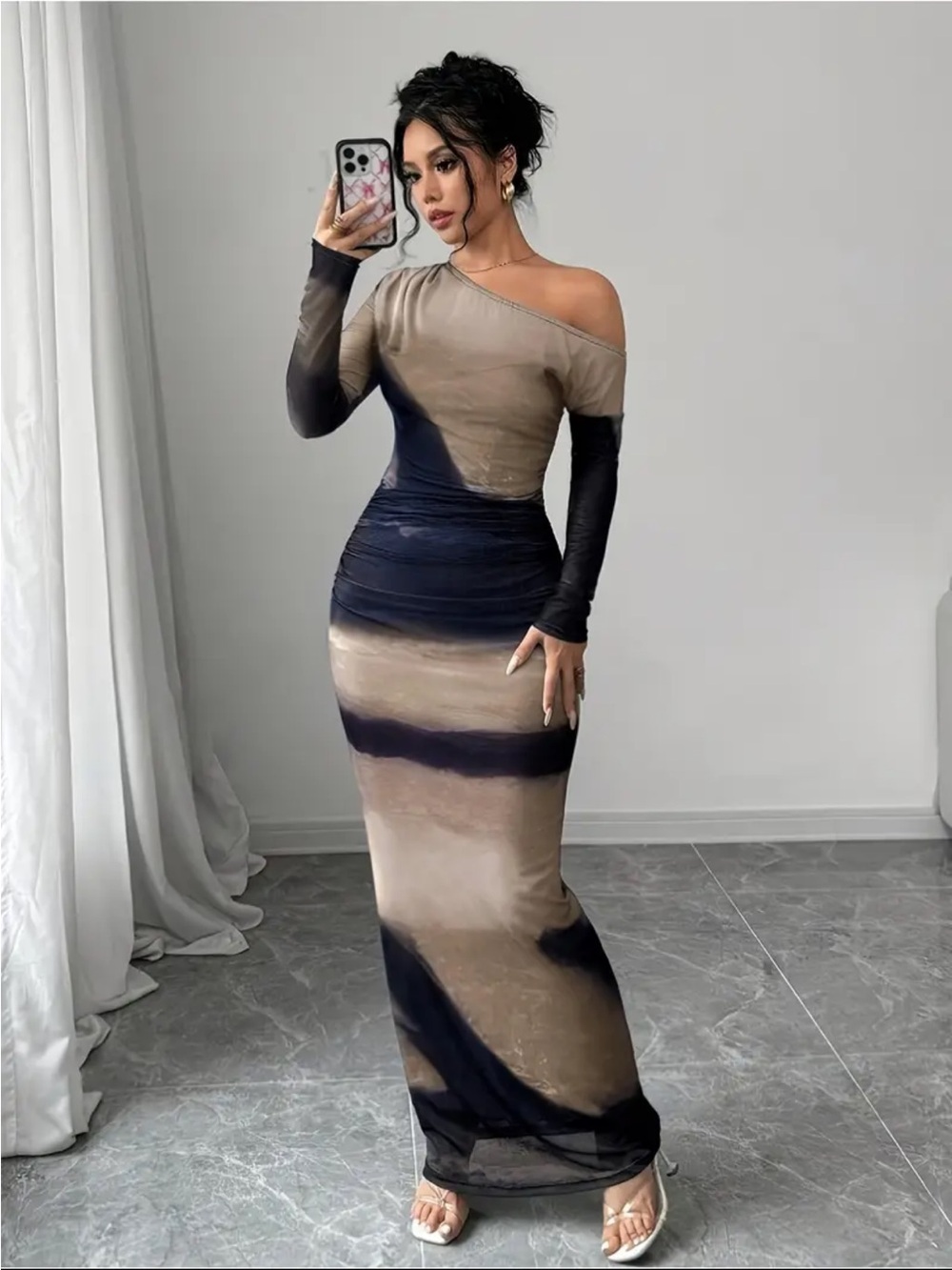 One-Shoulder Ombre Bodycon Maxi Dress in Taupe and Black